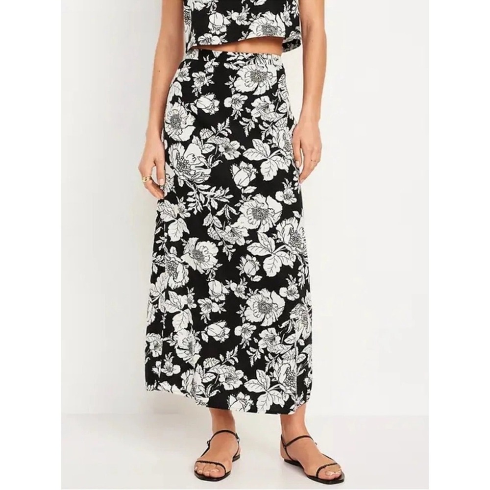 Old Navy High Waisted Floral Linen Blend Midi Maxi Skirt Size Large black white